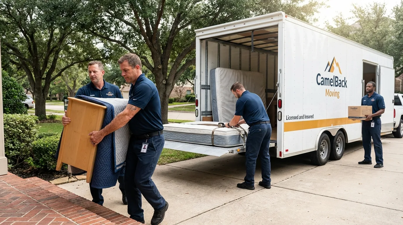 Crew loading residential truck for cross-state move from Woodbury, NY
