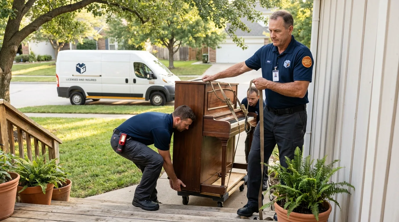Licensed piano movers securing grand piano in Woodbury, NY