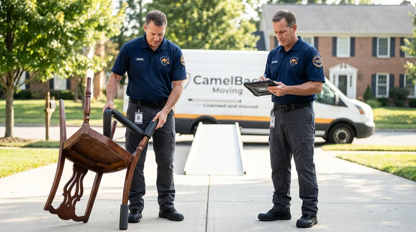 Movers inspecting furniture for damage prevention before loading in Woodbury, NY