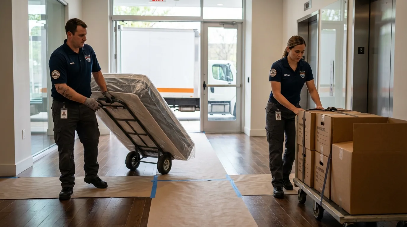 Professional apartment movers loading elevator in Woodbury, NY