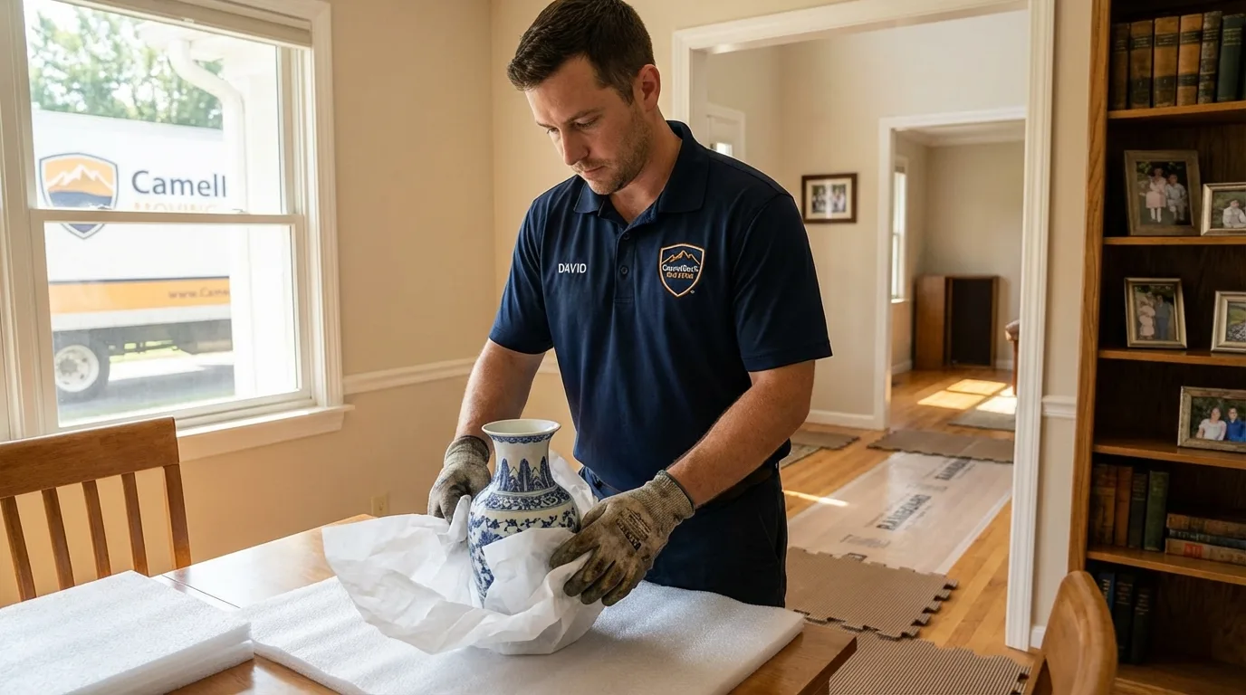 Professional crew carefully wrapping antique vase for senior downsizing move in Woodbury, NY