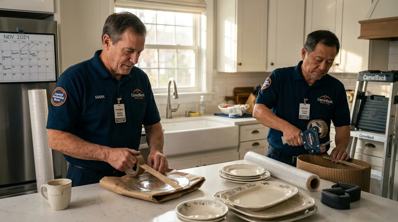 Professional crew packing kitchen dishware in Woodbury, NY